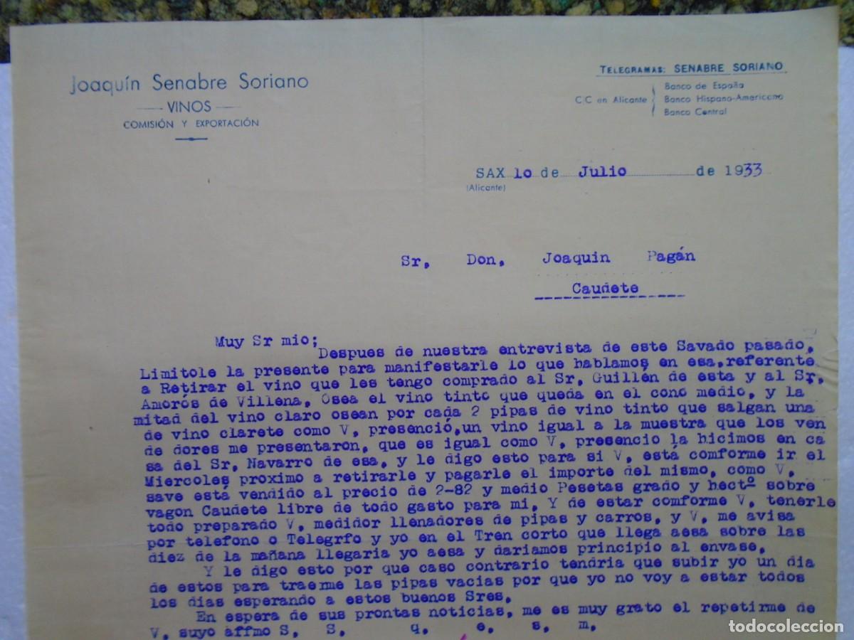Documentos antiguos: SAX(ALICANTE)COMISION Y EXPORTACION DE VINOS.CARTA DEL 10/7/1933.