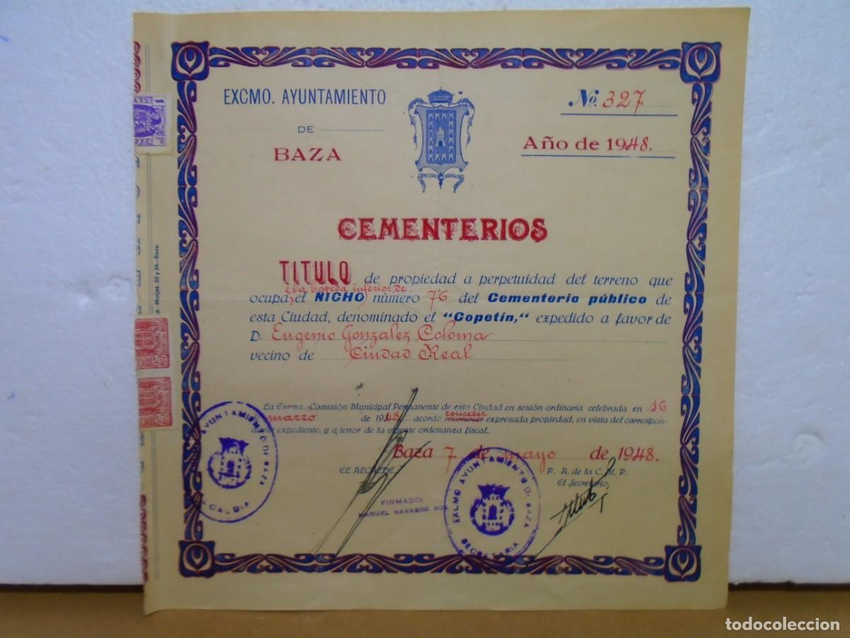 Documentos antiguos: BAZA(GRANADA)CEMENTERIO &rdquo;EL COPETIN&rdquo;TITULO DE PROPIEDAD 1948.