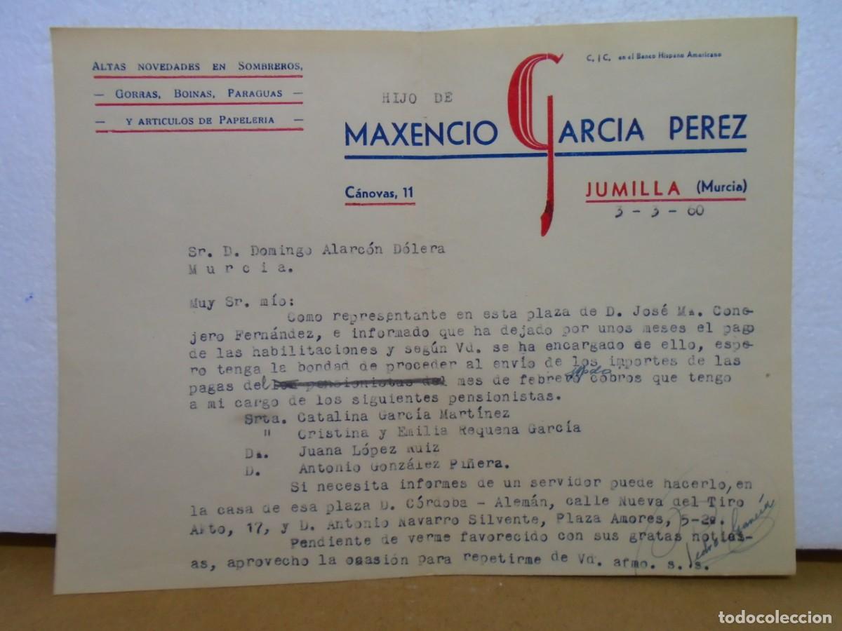 Documentos antiguos: JUMILLA(MURCIA)SOMBREROS,GORRAS,BOINAS,ETC..MAXENCIO GARCIA,CARTA 1960.