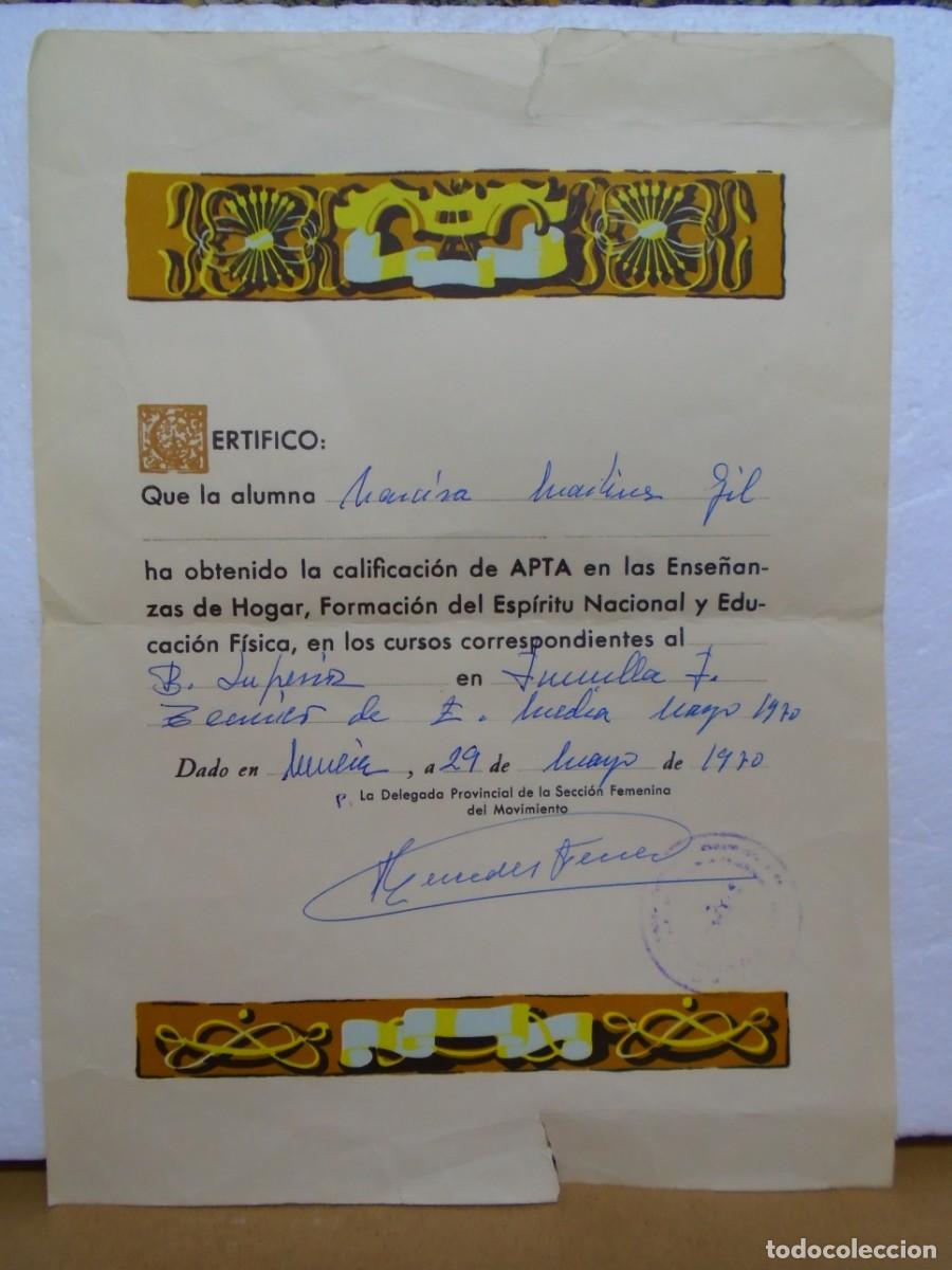 Documentos antiguos: JUMILLA(MURCIA)CERTIFICADO ALUMNA SECCION FEMENINA DEL MOVIMIENTO.1970.VI&Ntilde;ETA 5 PTAS.