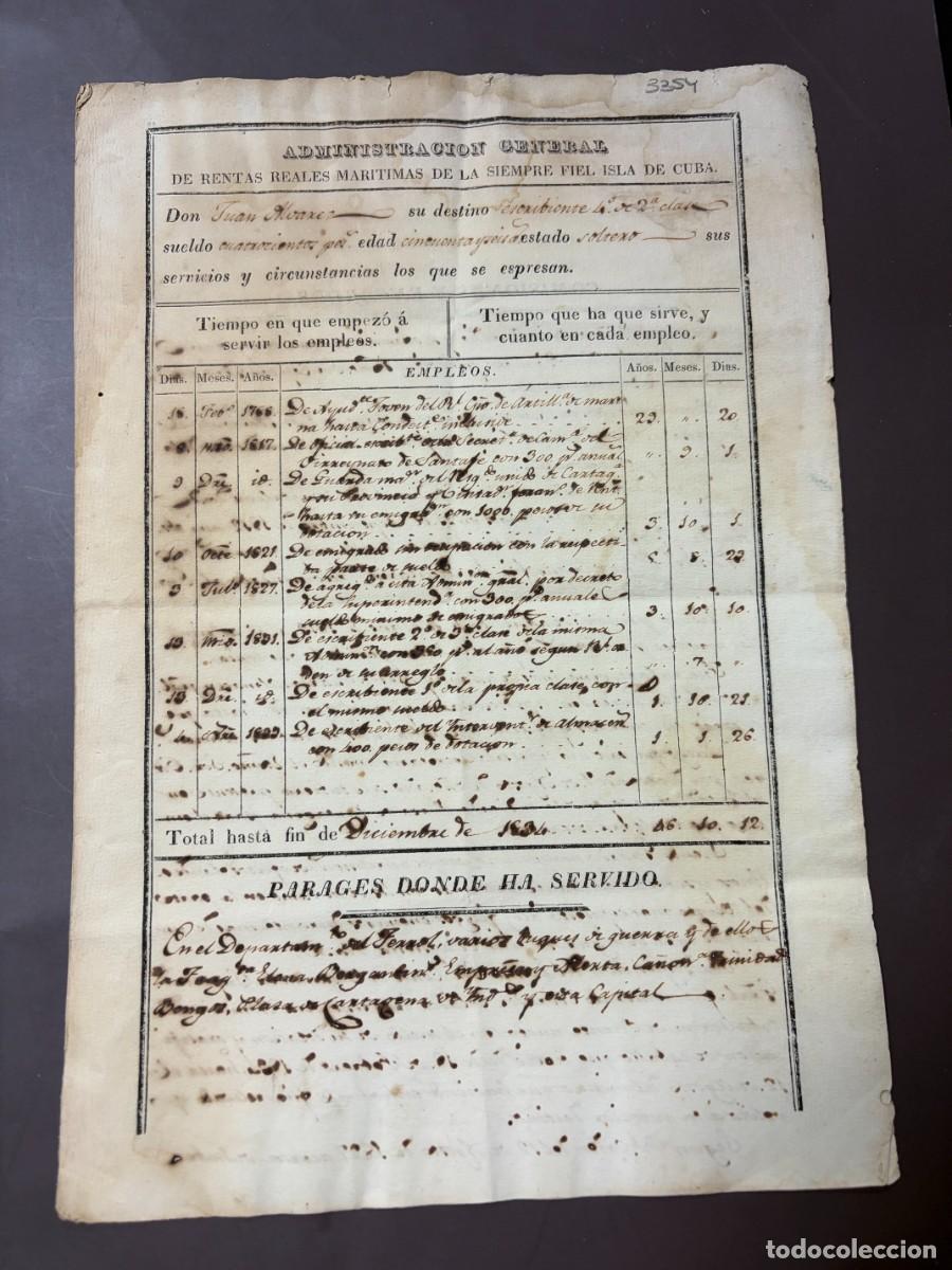 Documentos antiguos: HOJA DE SERVICIOS DE JUAN &Aacute;LVAREZ &ndash; RENTAS REALES MAR&Iacute;TIMAS DE CUBA &ndash; LA HABANA 1835 &ndash; DOCUMENTO MIL