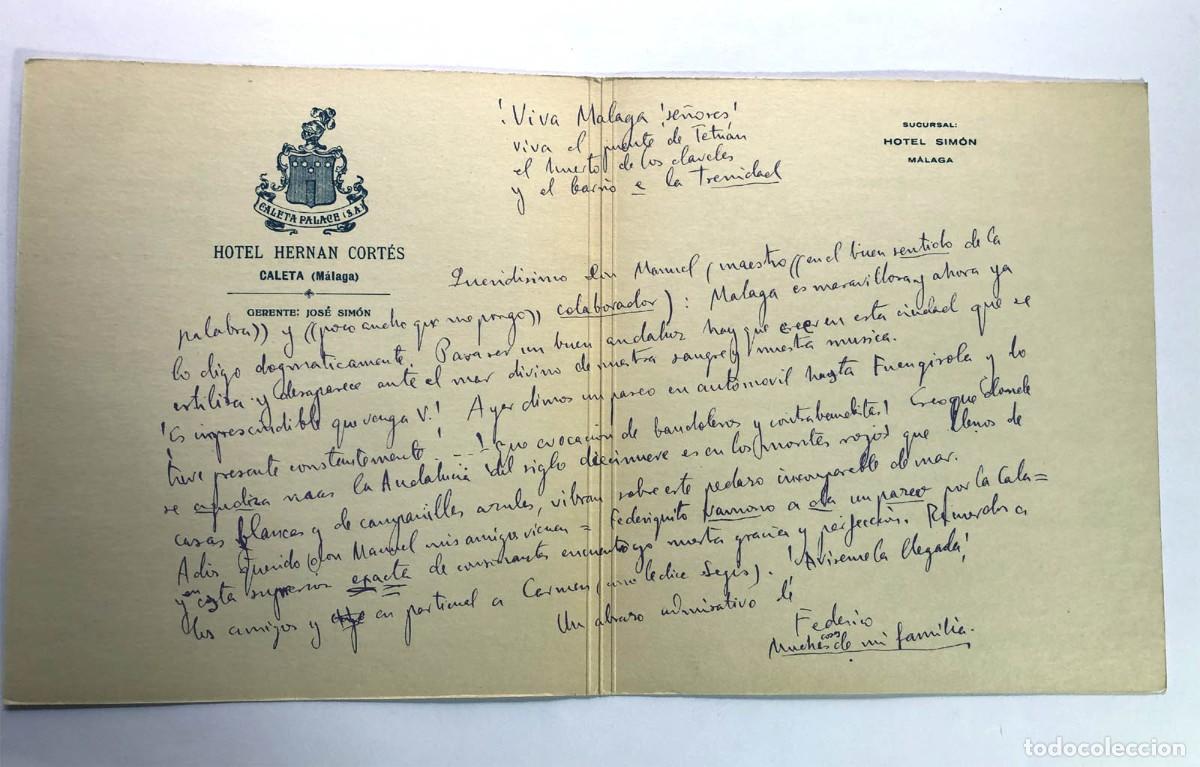 Documentos antiguos: ELOGIO DE M&Aacute;LAGA / TARJET&Oacute;N HOTEL HERN&Aacute;N CORTES ( Caleta ) FEDERICO GARC&Iacute;A LORCA