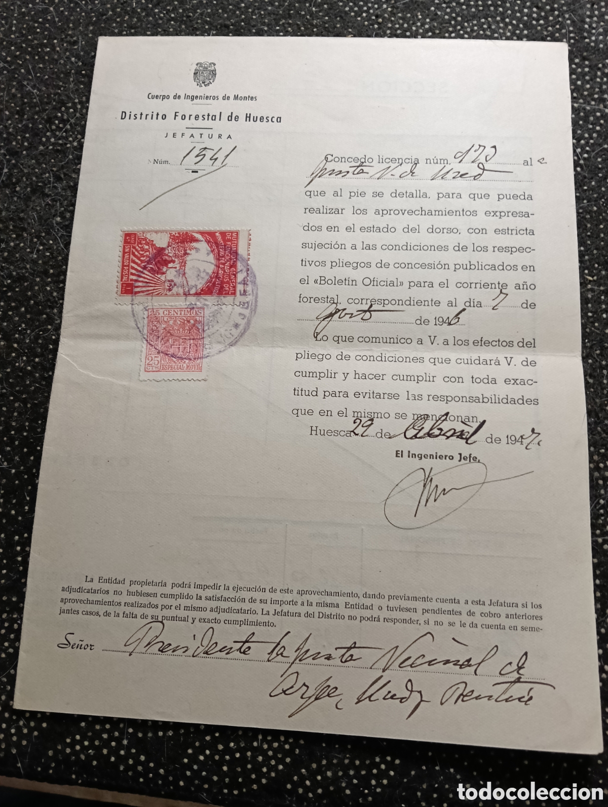 Documentos antiguos: Documento oficial del Cuerpo de Ingenieros de Montes (Distrito Forestal de Huesca) fechado el 22 de