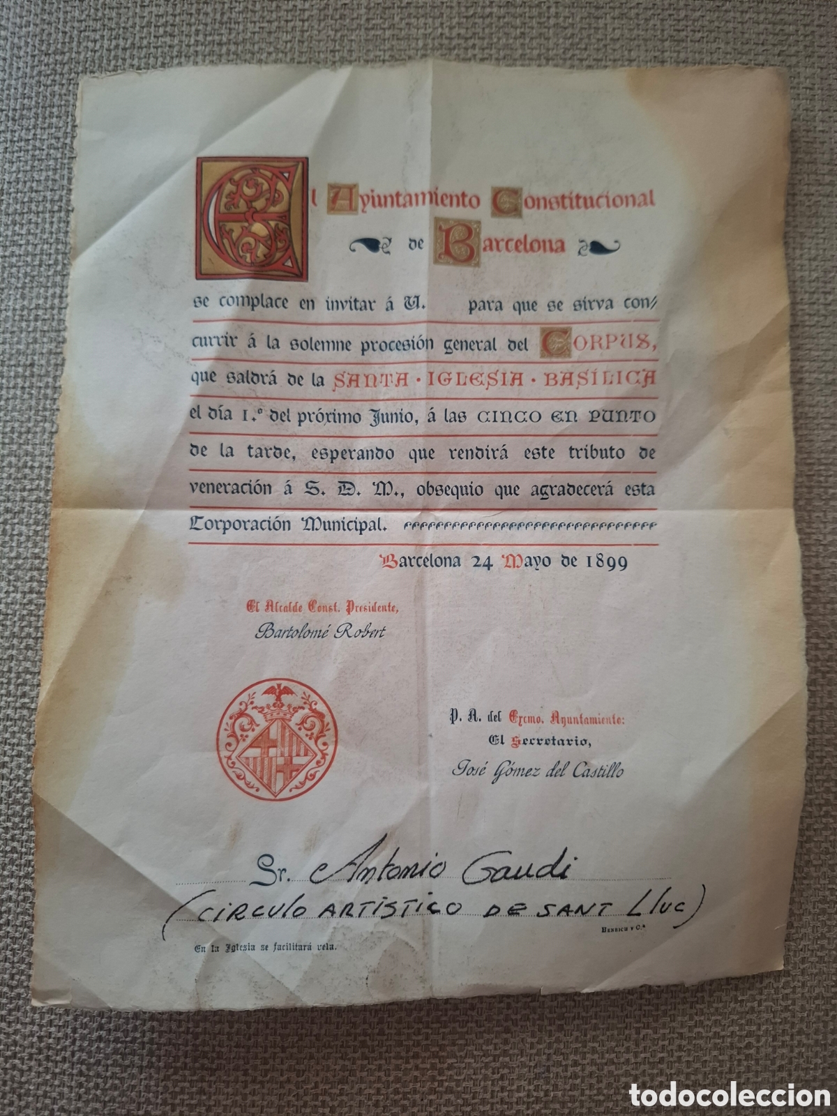 Documentos antiguos: INVITACION PROCESION CORPUS 1899 A ANTONIO GAUDI CIRCULO DE SAN LLUC ARQUITECTO SAGRADA FAMILIA ??