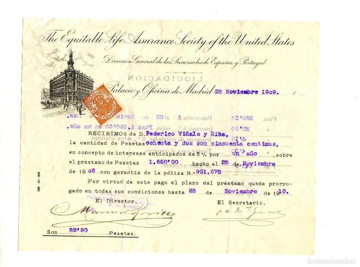 Documentos antiguos: Recibo de The Equitable A. S., sociedad de seguros de vida, Noviembre 1909
