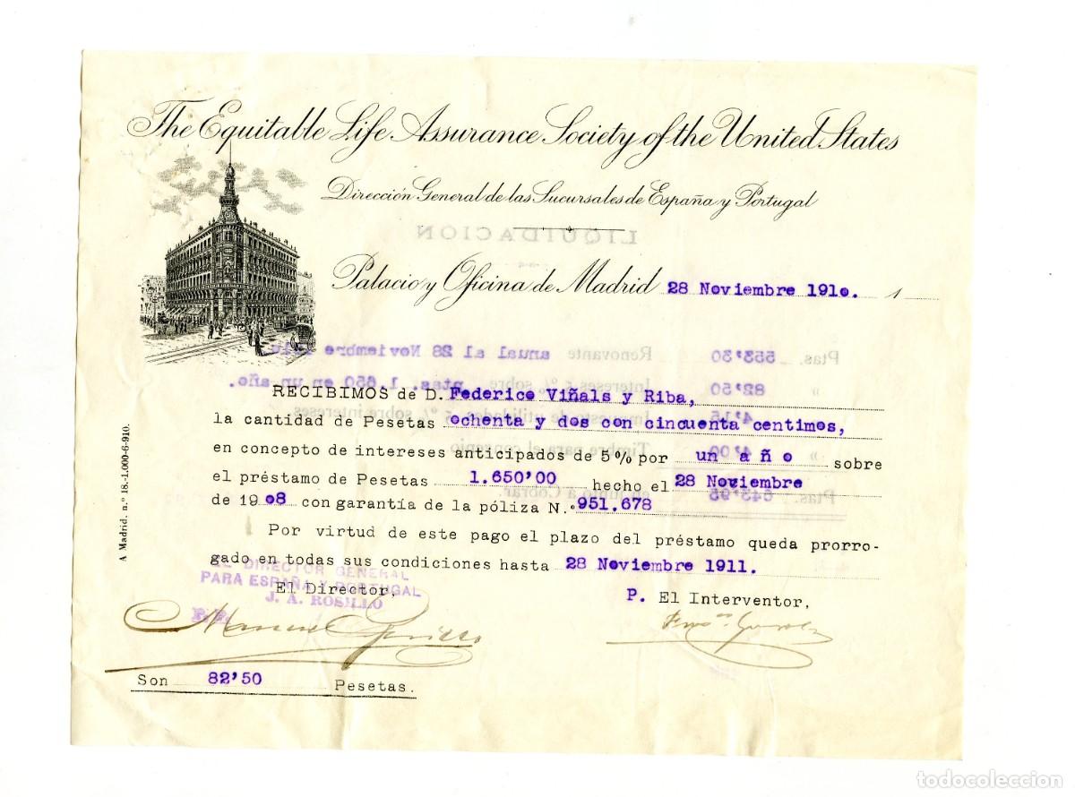 Documentos antiguos: Recibo de The Equitable A. S., sociedad de seguros de vida, Noviembre 1910