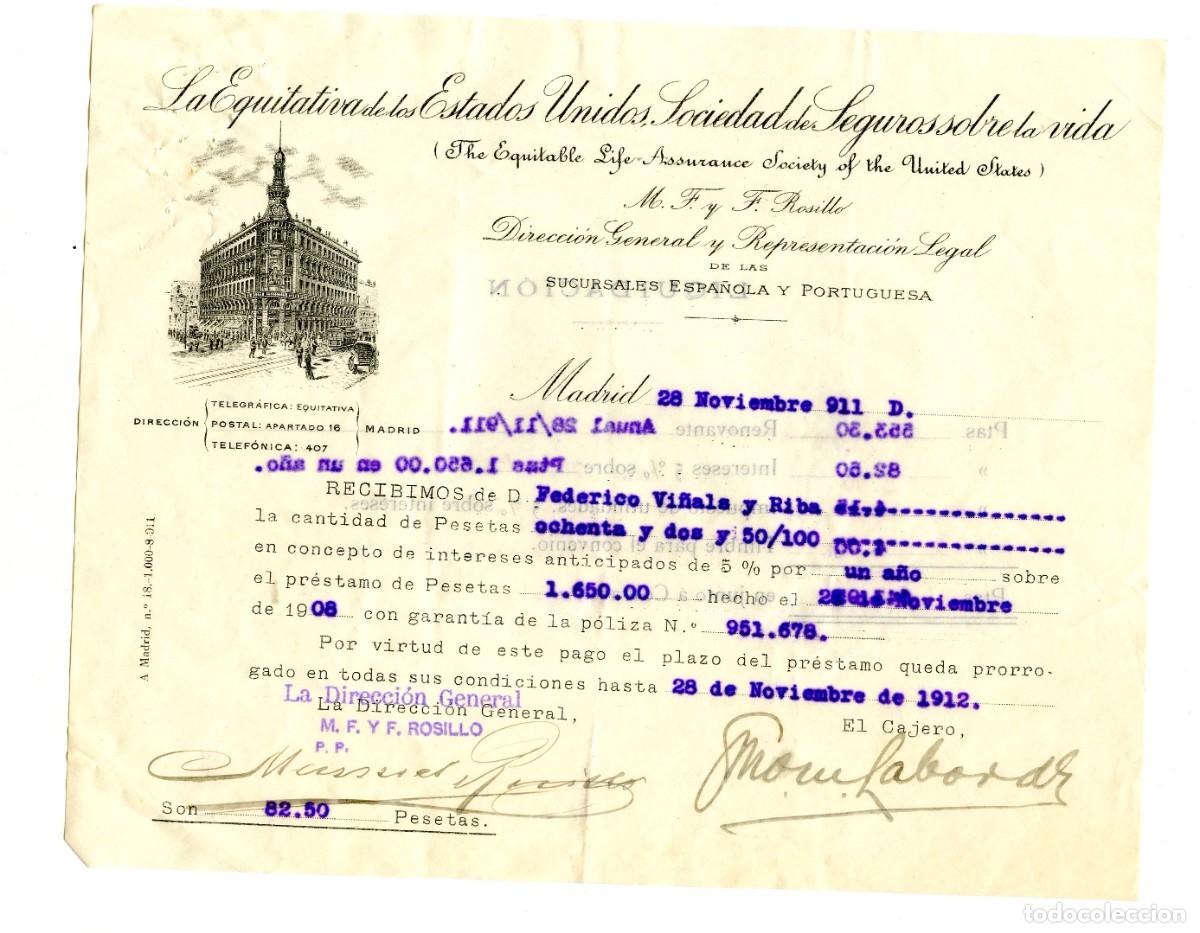 Documentos antiguos: Recibo de The Equitable A. S., sociedad de seguros de vida, Noviembre 1911