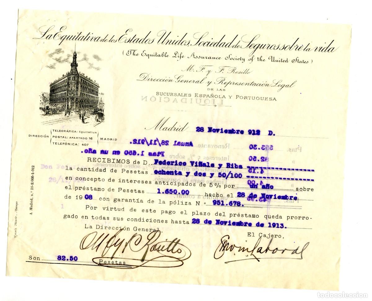 Documentos antiguos: Recibo de The Equitable A. S., sociedad de seguros de vida, Noviembre 1912