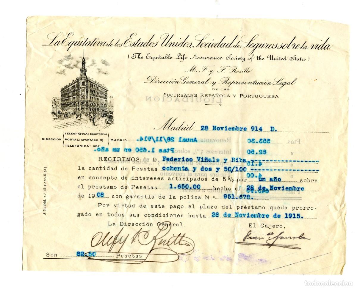 Documentos antiguos: Recibo de The Equitable A. S., sociedad de seguros de vida, Noviembre 1914