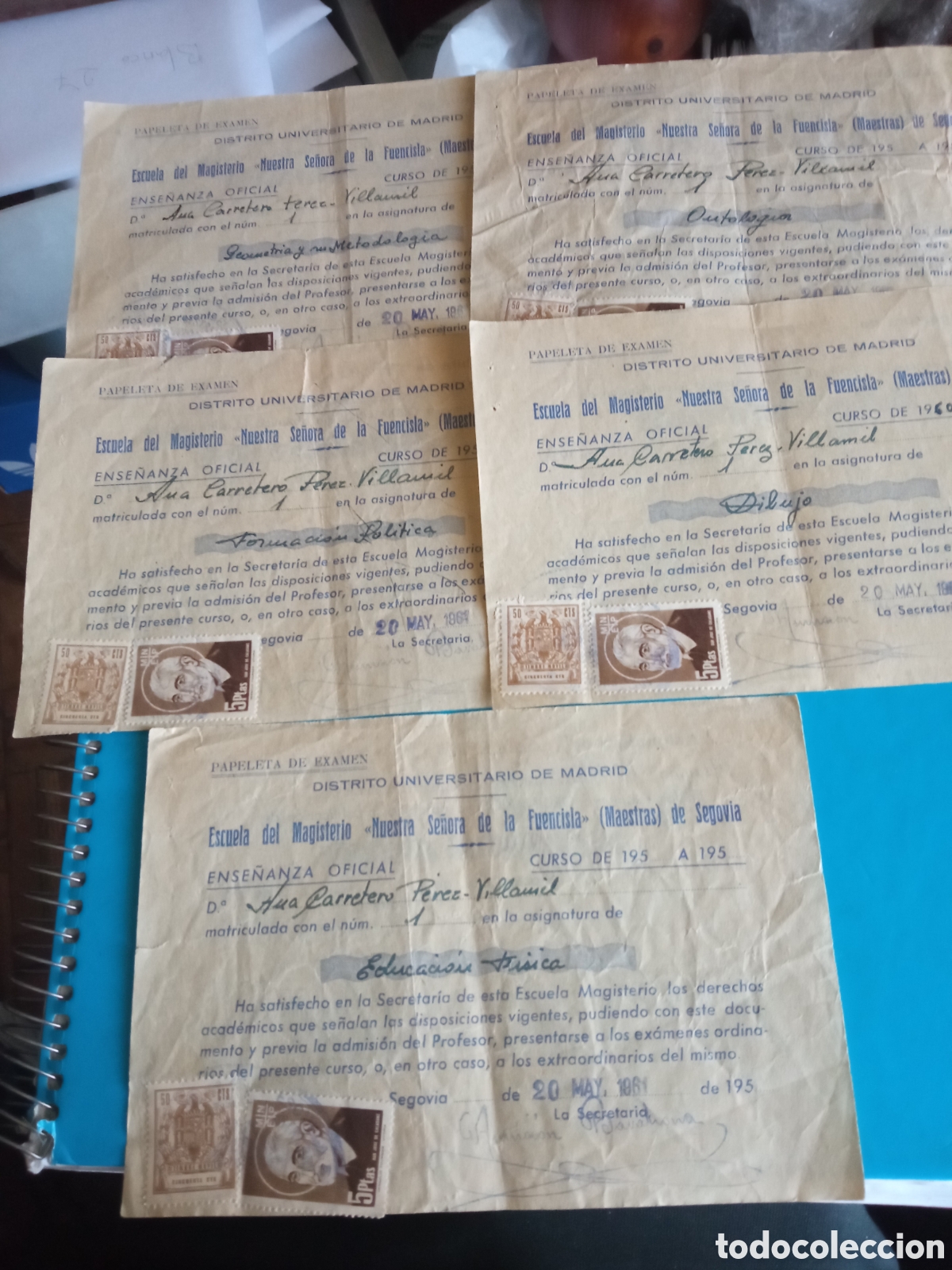 Documentos antiguos: 5 papeletas Examen, Escuela de Magisterio, Nuestra Se&ntilde;ora de la Fuencisla (Maestras)de Segovia 1961