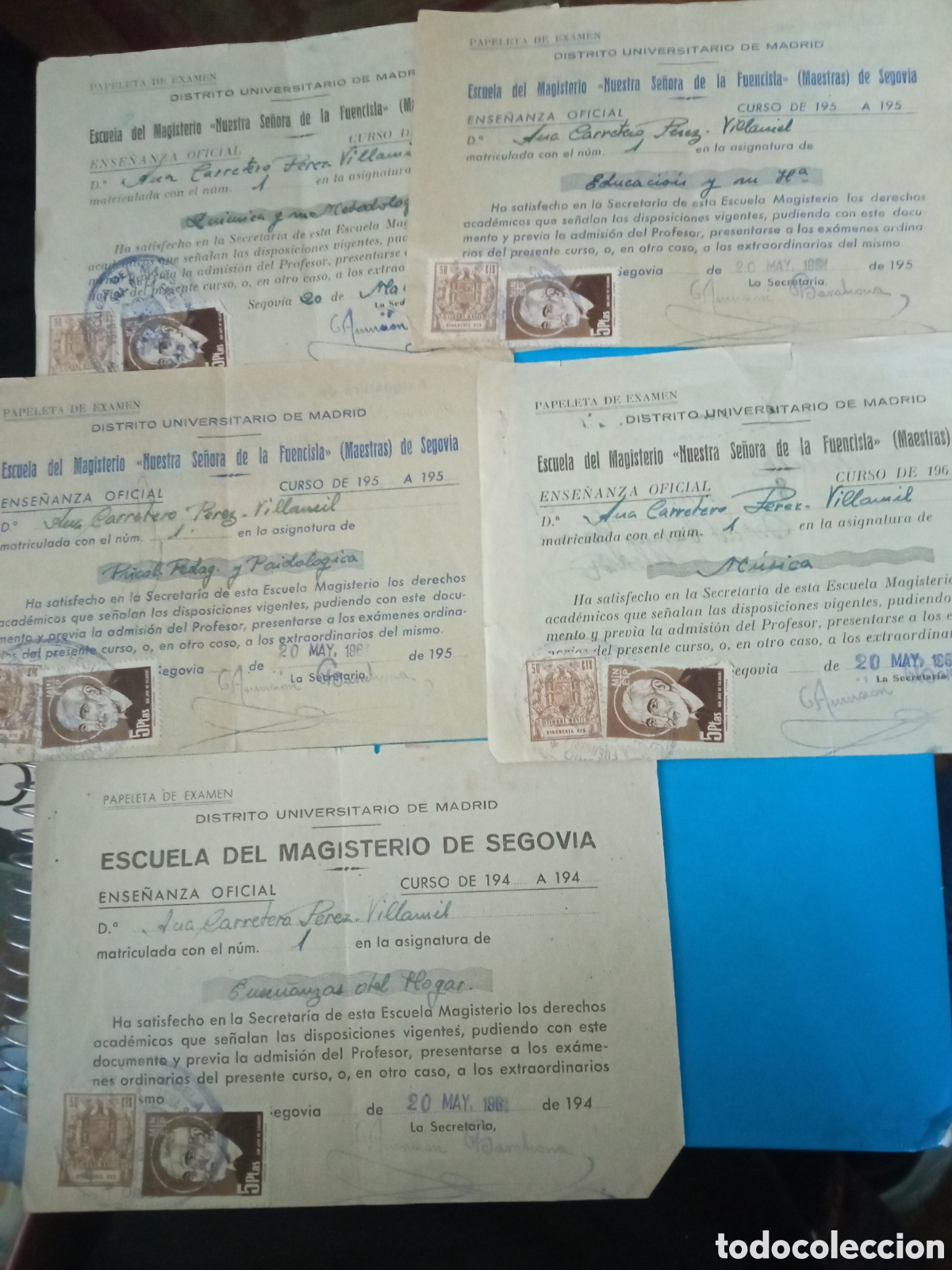 Documentos antiguos: 5 papeletas Examen, Escuela Nuestra Se&ntilde;ora de la Fuencisla (Maestras) de Segovia 1961
