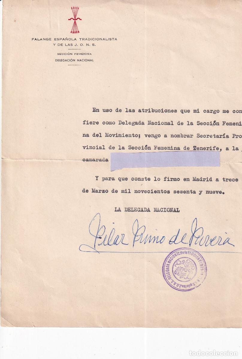 Documentos antiguos: FALANGE NOMBRAMIENTO DE PILAR PRIMO DE RIVERA EN TENERIFE