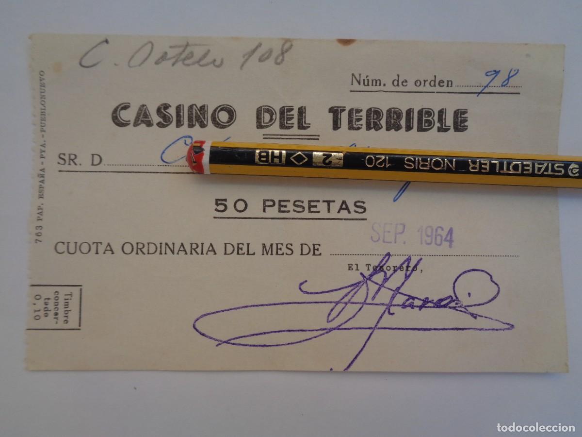 Documentos antiguos: CASINO DEL TERRIBLE : RECIBO CUOTA MES 1964 . PE&Ntilde;ARROYA-PUEBLONUEVO ( CORDOBA )