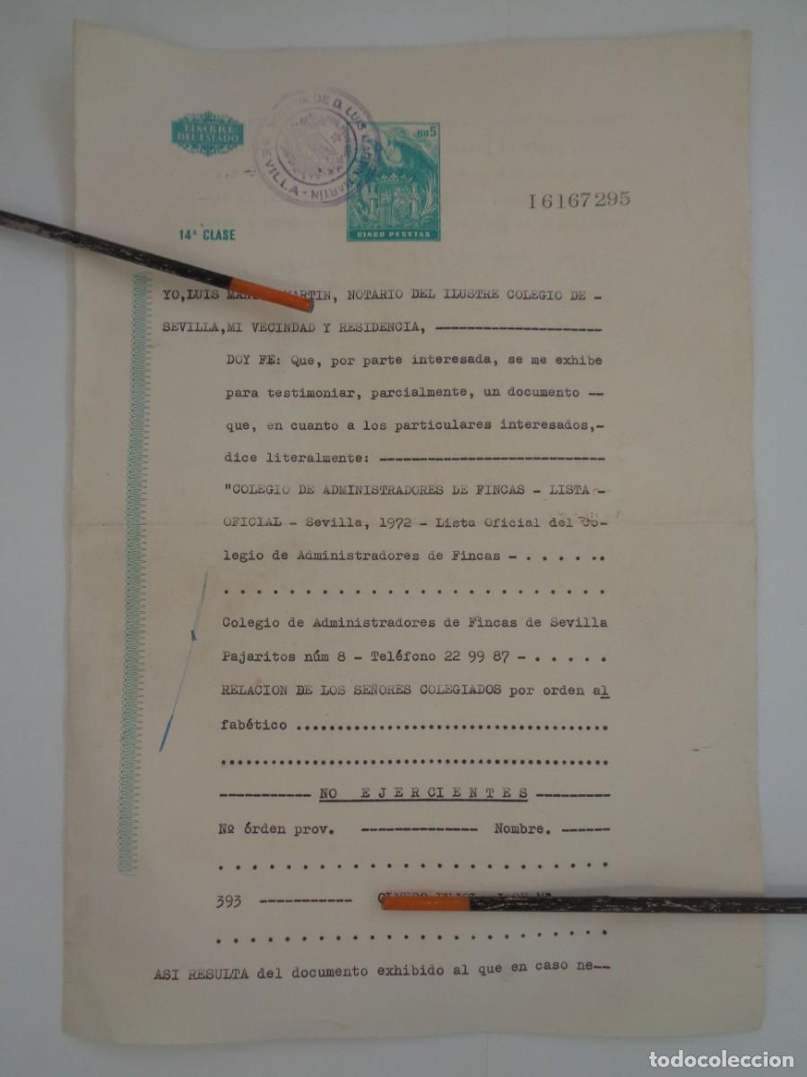 Documentos antiguos: DOCUMENTO NOTARIAL PARA TESTIMONIAR UN DOCUMENTO DEL COLEGIO ADMINISTRADOR DE FINCAS. SEVILLA 1973