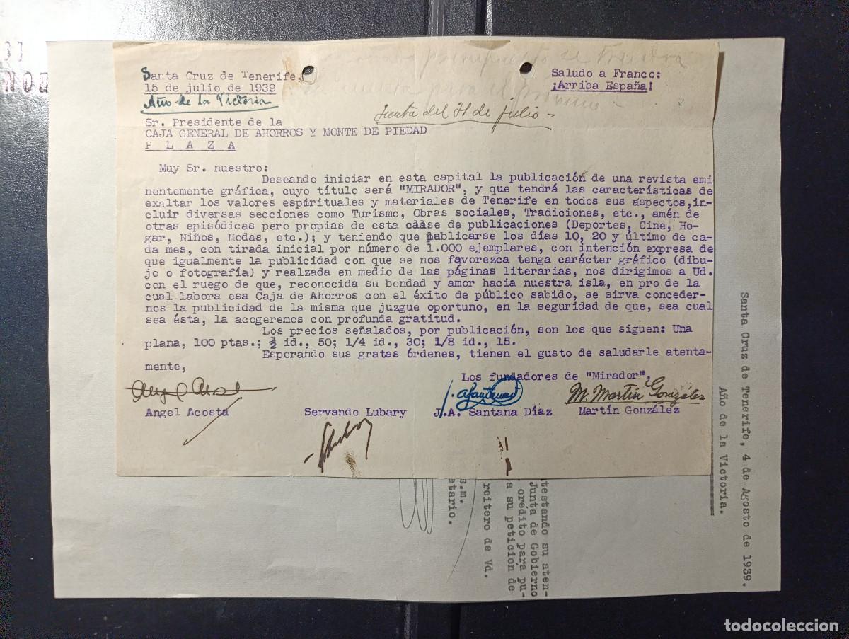 Documentos antiguos: &Uacute;NICO DOCUMENTO DE LA REVISTA MIRADOR DE SANTA CRUZ DE TENERIFE. FIRMADA POR SOCIOS FUNDADORES. 1939