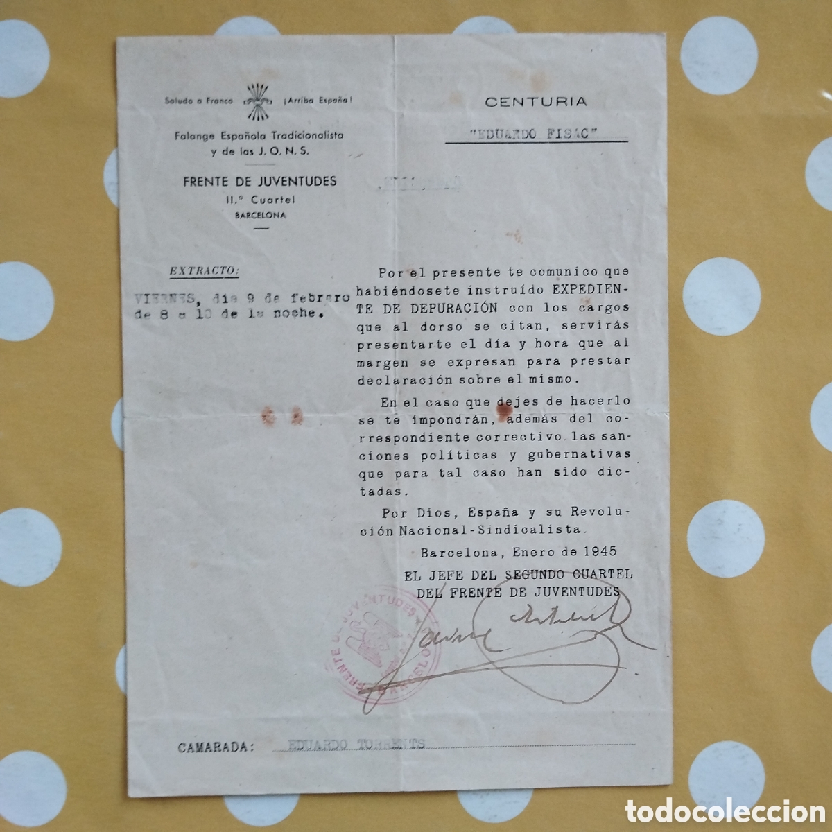 Documentos antiguos: 1945 POSGUERRA EXPEDIENTE DE DEPURACI&Oacute;N DESERCI&Oacute;N FALANGE ESPA&Ntilde;OLA JONS