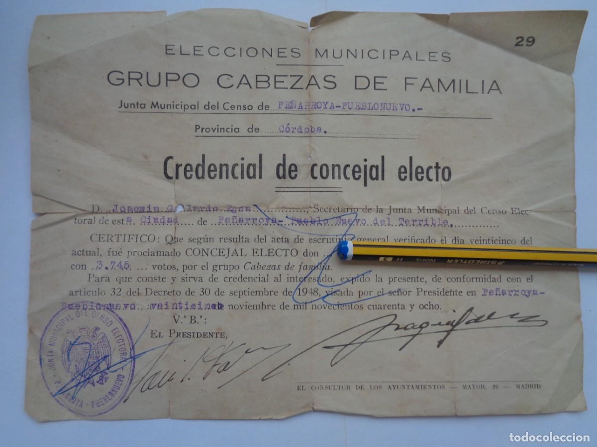 Documentos antiguos: ELECCIONES MUNICIPALES : CREDENCIAL CONCEJAL ELECTO. PE&Ntilde;ARROYA-PUEBLONUEVO DEL TERRIBLE , 1948