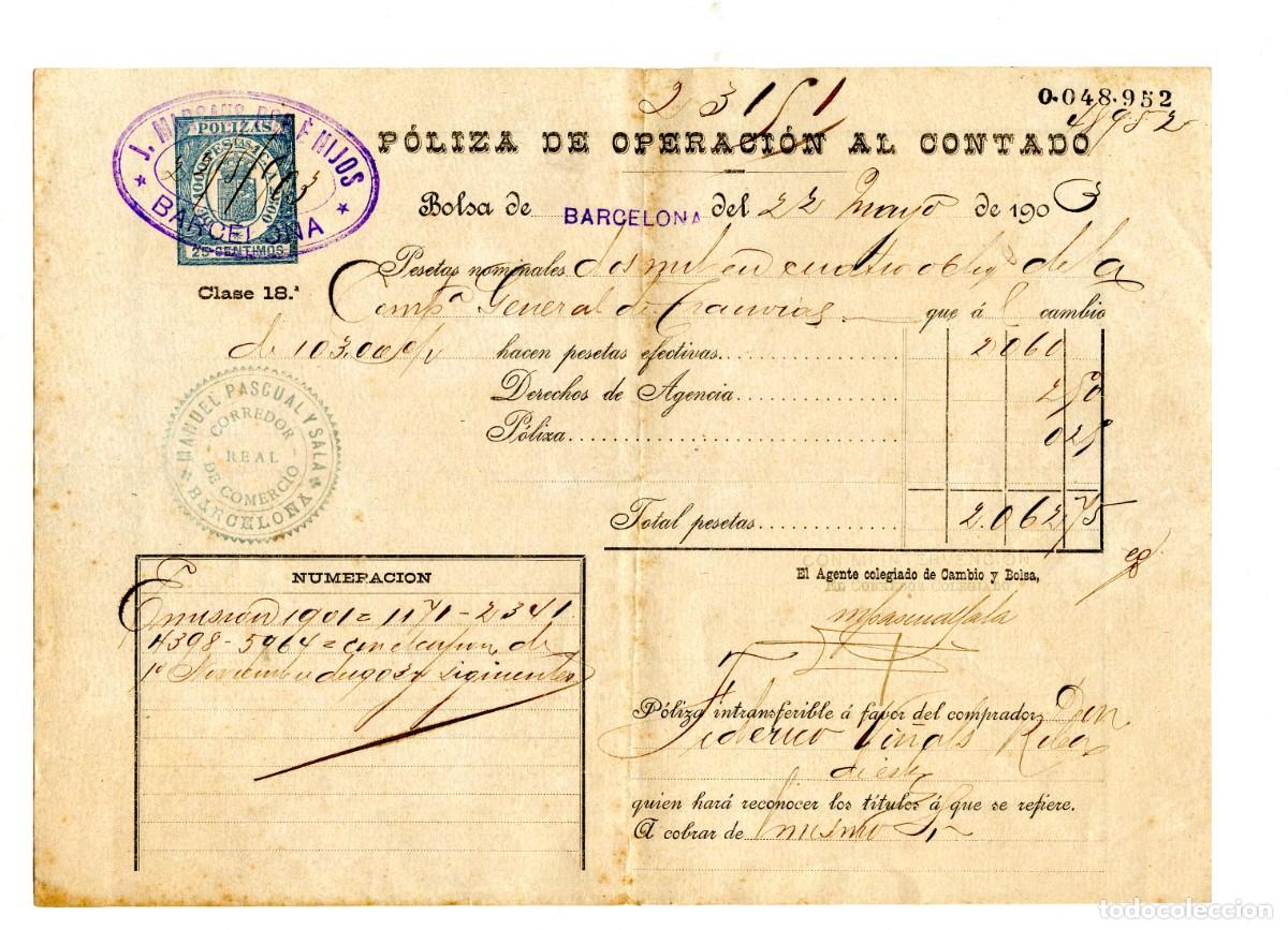 Documentos antiguos: Poliza Operaci&oacute;n al contado de 2000 pesetas, Clase 18, Bolsa de Barcelona 1903
