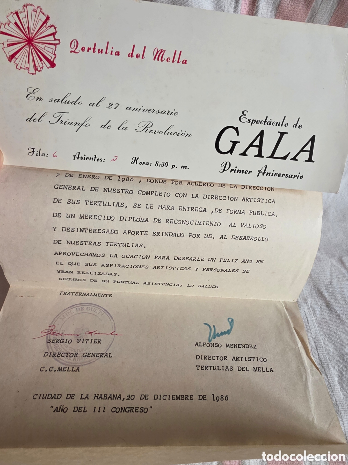 Documentos antiguos: INVITACI&Oacute;N A LA GALA ANIVERSARIO DEL MELLA HABANERO