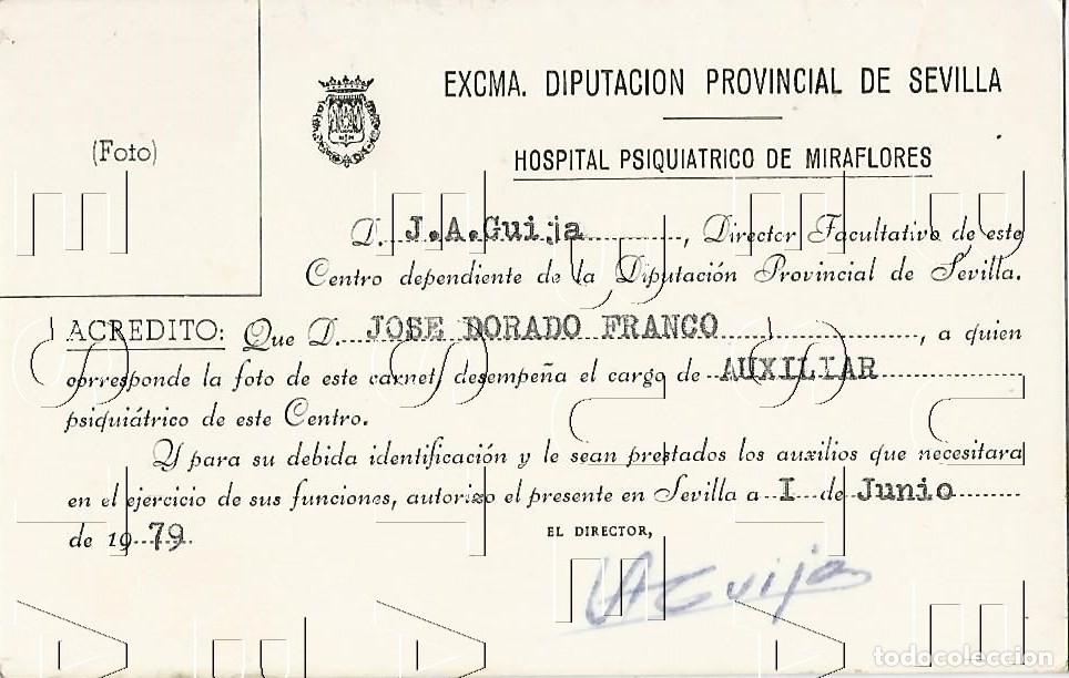 Documentos antiguos: SEVILLA MIRAFLORES HOSPITAL PSIQUIATRICO CARNET AUXILIAR CENTRO 1974 M43