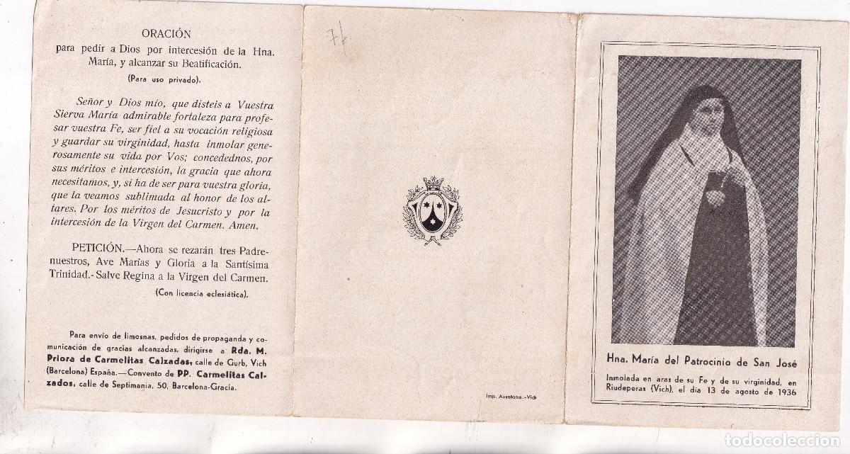 Documentos antiguos: ESTAMPA. HNA. MAR&Iacute;A DEL PATROCINIO DE SAN JOS&Eacute;. ASESINADA EN LA GUERRA CIVIL 1936. RUIDEPERAS, VIC