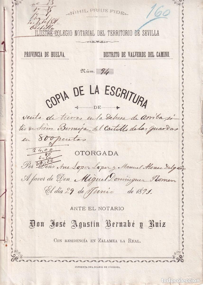 Documentos antiguos: Villa de Nerva, Huelva, venta tierras Dehesa de Arriba en Sierra Bermuja del Castillo de las Guardas