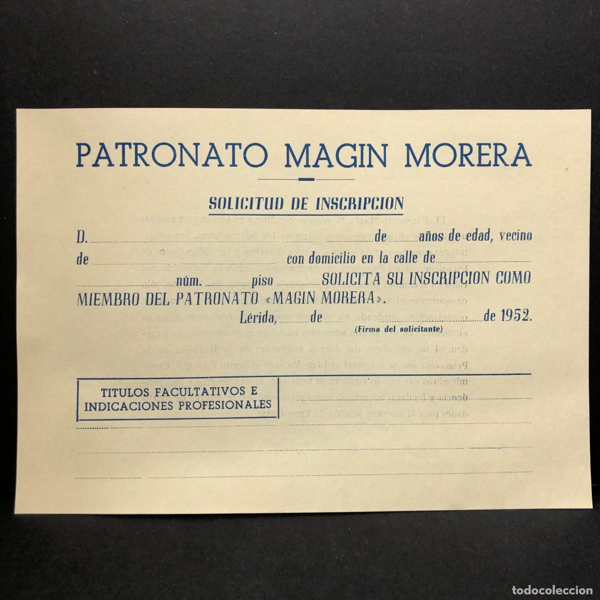 Documentos antiguos: L&Eacute;RIDA - 1952 - INSCRIPCI&Oacute;N AL CONCURSO LITERARIO - PATRONATO MAGIN MORERA / 5270