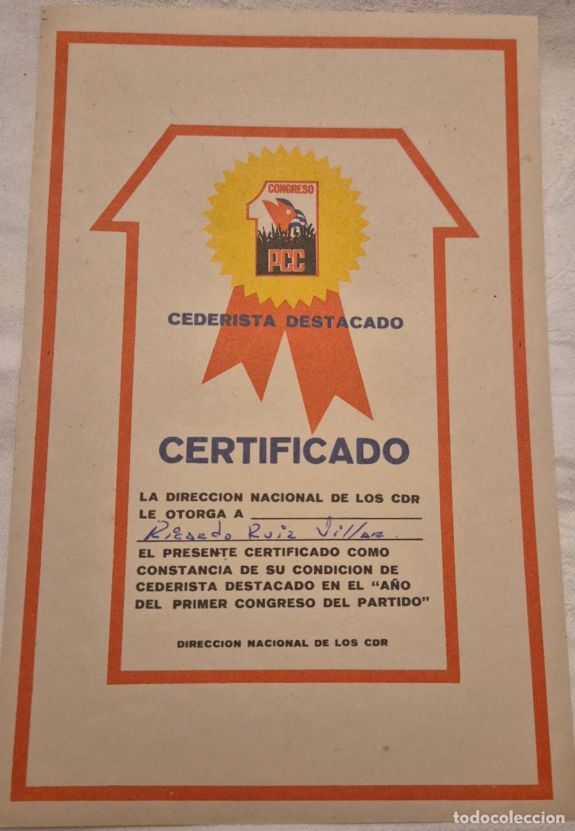 Documentos antiguos: CUBA diploma certificado cederista destacado CDR PCC 1975