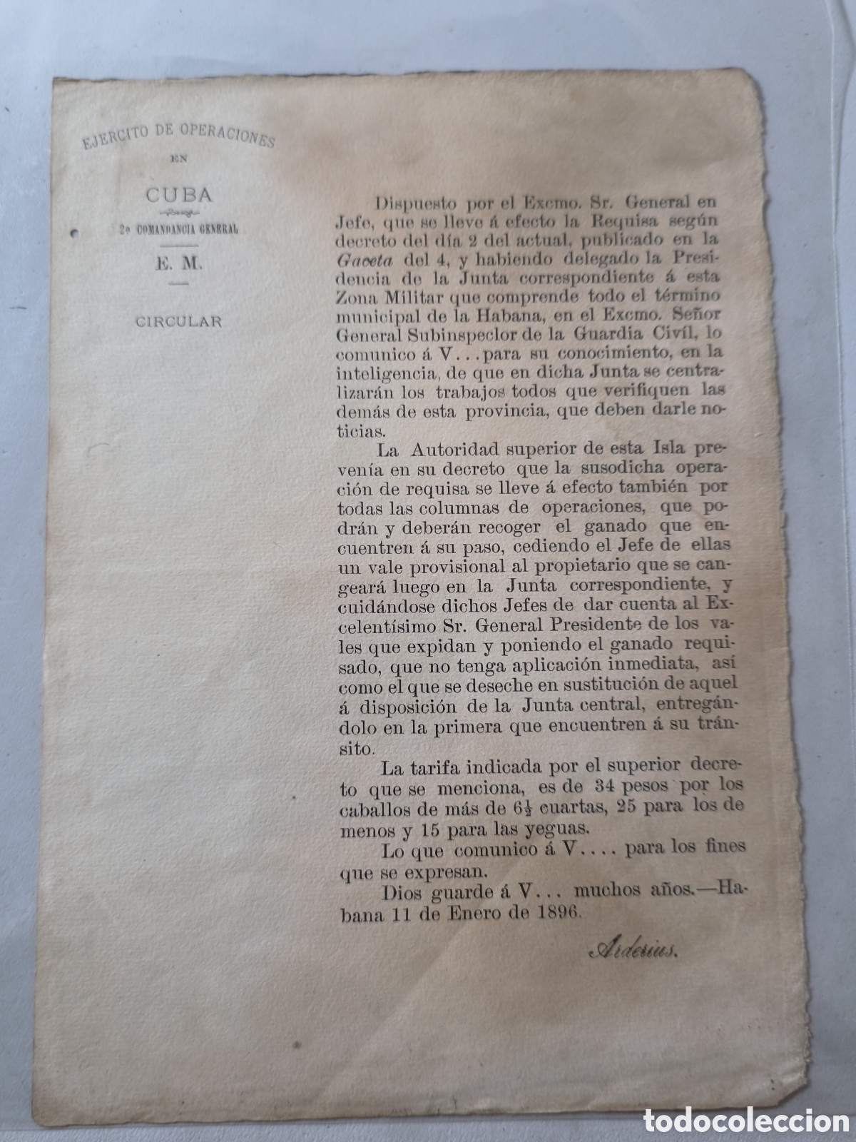 Documentos antiguos: Cuba,guerra de cuba,orden de requisa de ganado caballar, Ej&eacute;rcito de operaciones,a&ntilde;o 1896.
