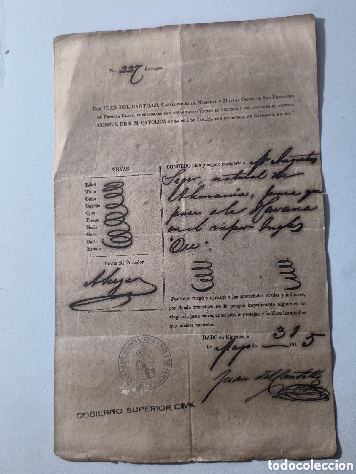 Documentos antiguos: Cuba espa&ntilde;ola, pasaporte libre tr&aacute;nsito del consul espa&ntilde;ol en Jamaica,a&ntilde;o 1843