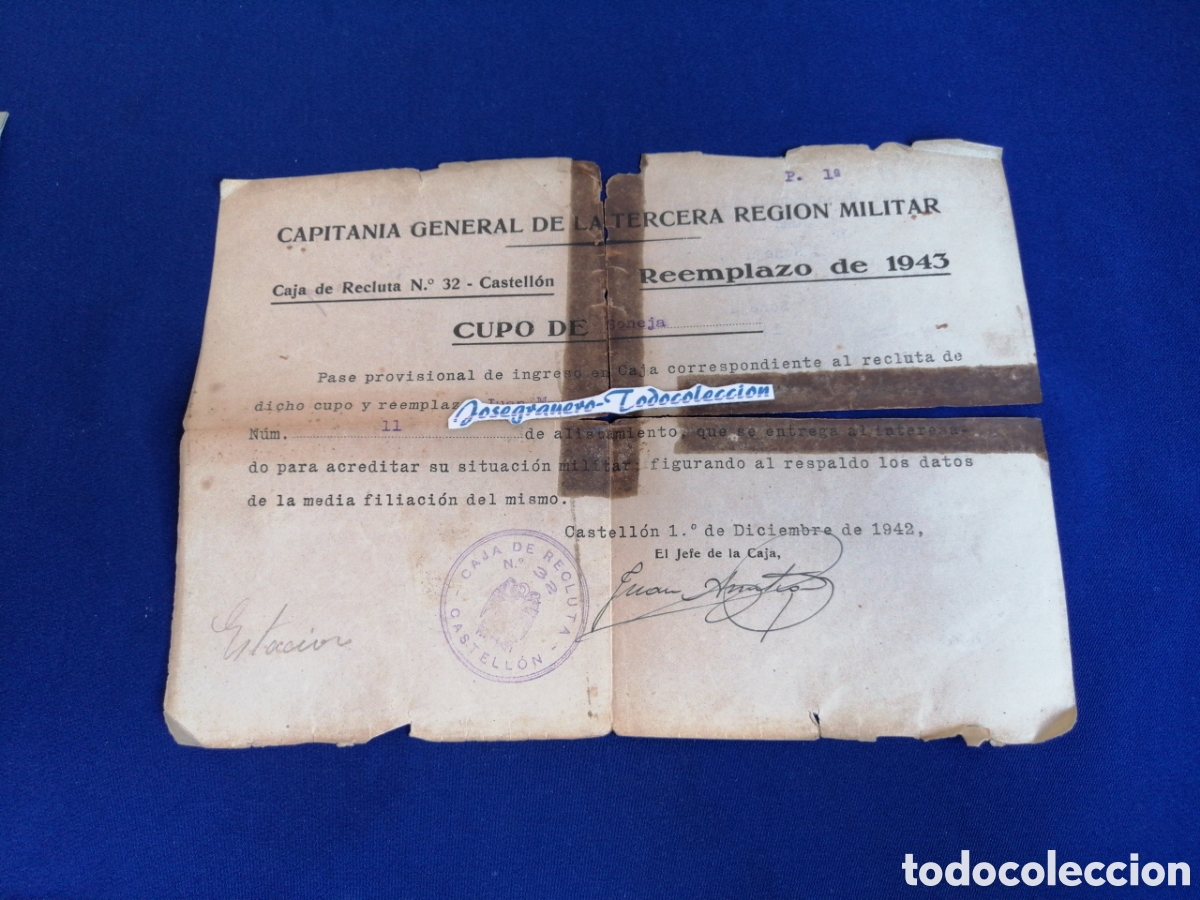Documentos antiguos: CAPITAN&Iacute;A GENERAL DE LA TERCERA REGION MILITAR CASTELLON 1943 CUERPO DE SONEJA REEMPLAZO 1943