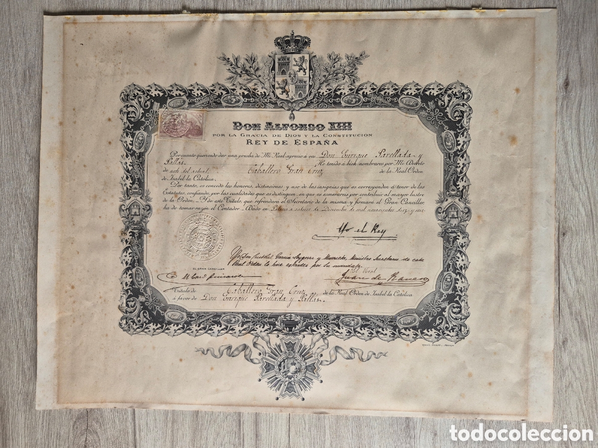 Documentos antiguos: T&Iacute;TULO CABALLERO GRAN CRUZ ORDEN ISABEL LA CATOLICA 1916 - ALFOSO XIII - Enrique Perellada y Pall&aacute;s