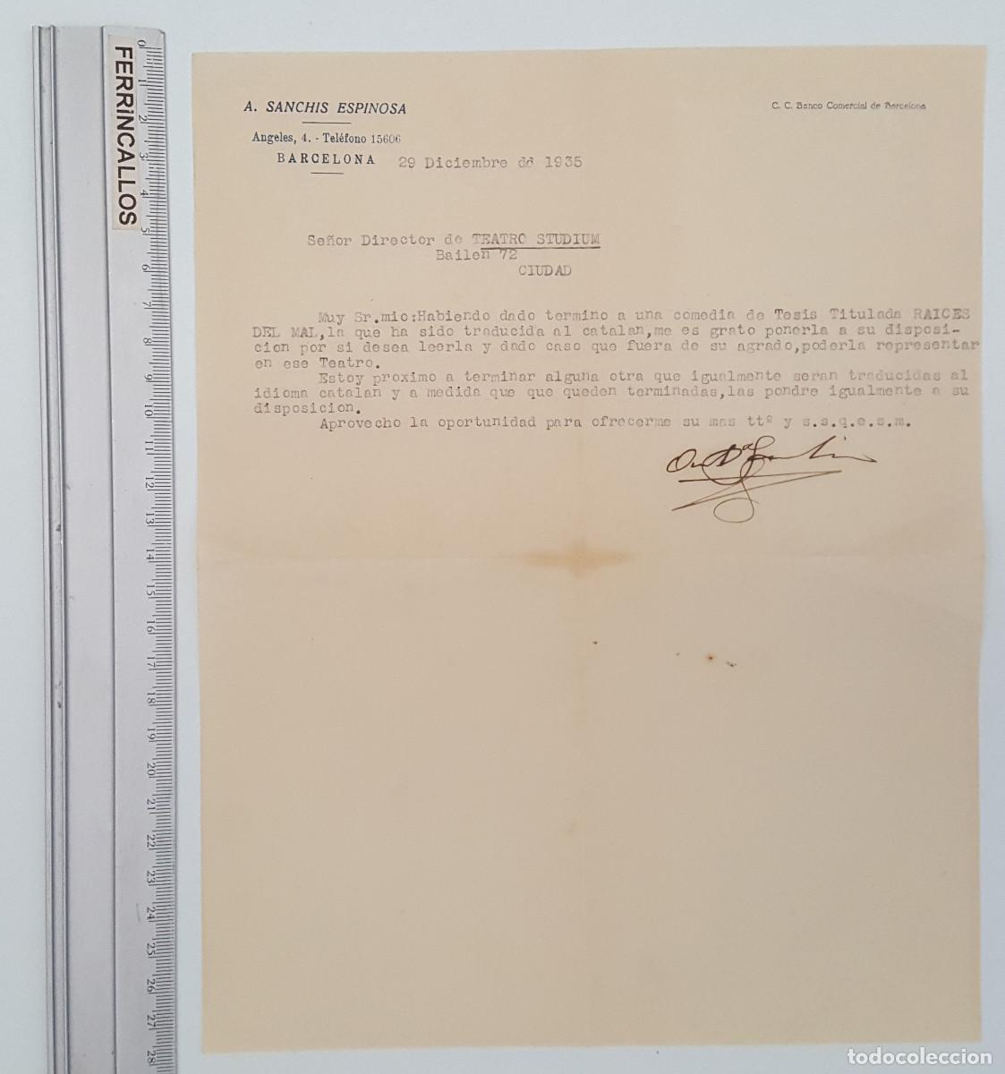 Documentos antiguos: CARTA COMERCIAL MANUSCRITA A&Ntilde;O 1935 - TEATRO STUDIUM BARCELONA - OBRA DE TEATRO A. SANCHIS ESPINOSA