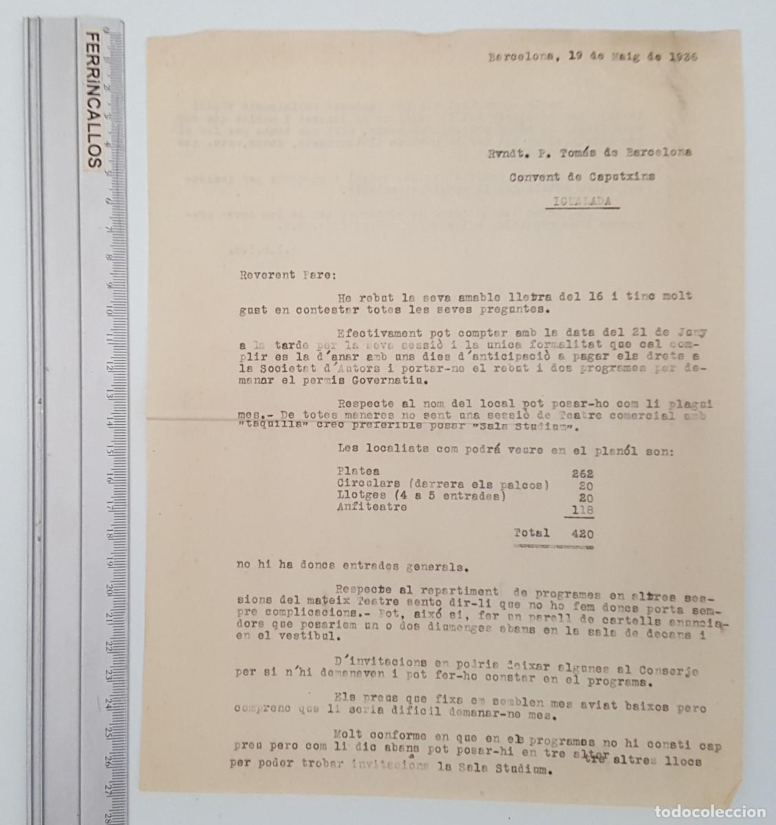 Documentos antiguos: CARTA 1936 SALA / TEATRO STUDIUM BARCELONA - AFORO, NORMAS Y DETALLES AL CONVENT CAPUTXINS IGUALADA
