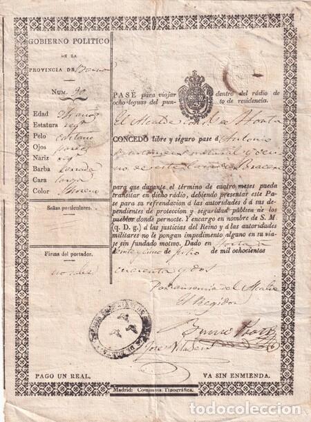 Alte Dokumente: BARCELONA. PASE Oficial de 1842 'para viajar dentro del radio de 8 leguas del punto de residencia'