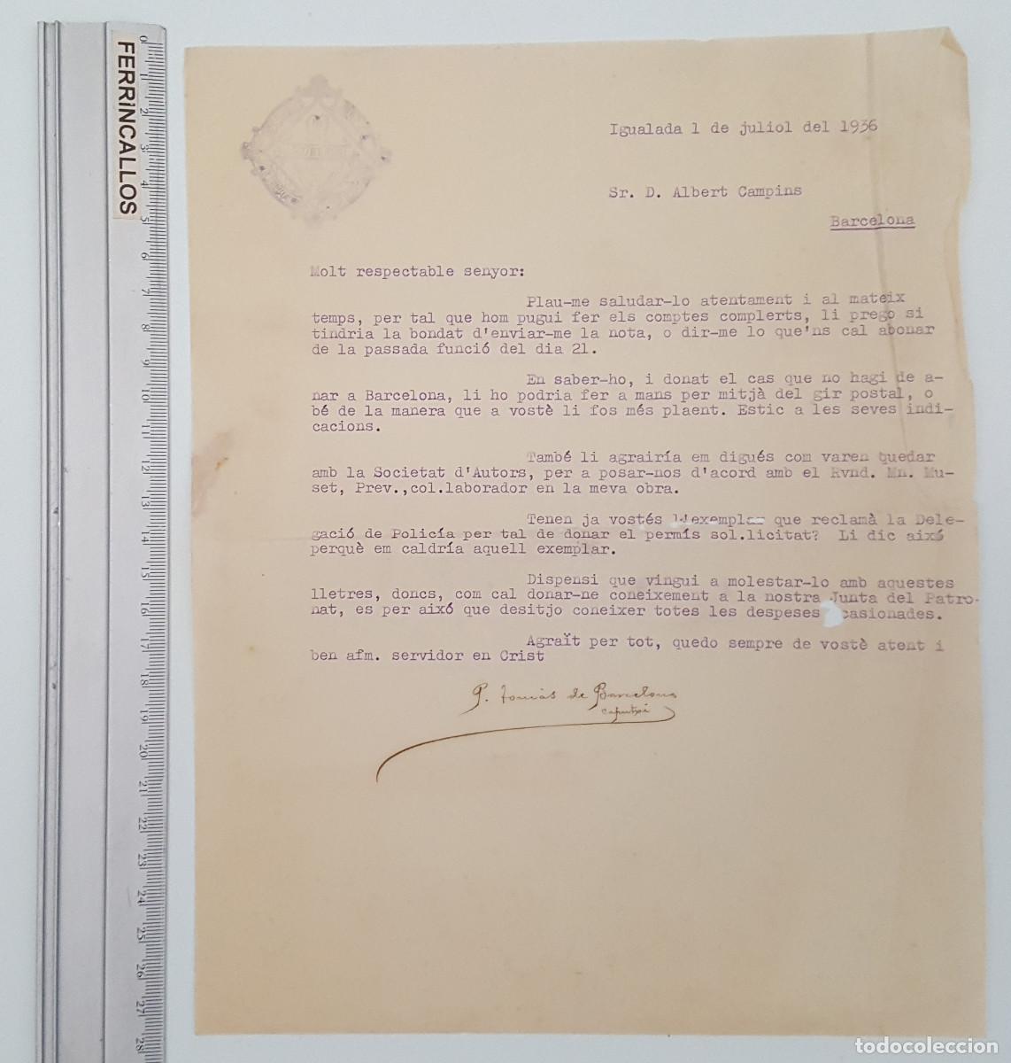 Alte Dokumente: CARTA ORIGINAL 1 DE JULIO 1936 - TEATRO STUDIUM BARCELONA - P. TOM&Agrave;S CAPUTXINS IGUALADA
