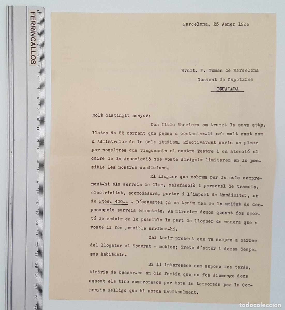 Documentos antiguos: CARTA 1936 TEATRO STUDIUM BARCELONA - MENCI&Oacute;N A LLU&Iacute;S MASRIERA, ALQUILER 400 PTES Y CO. GALLIGO