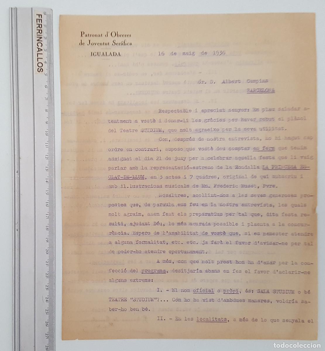 Documentos antiguos: CARTA PATRONAT D'OBRERES DE JOVENTUT SER&Aacute;FICA 1936,TEATRO STUDIUM ESTRENO LA PRINCESA ESCLAT-DE-LLUM