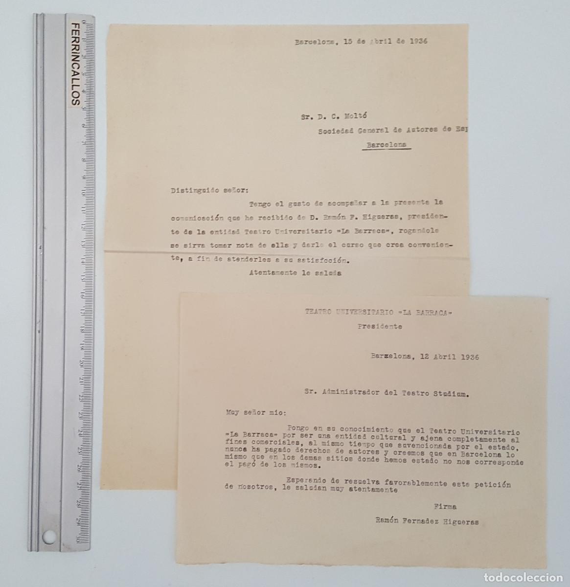 Documentos antiguos: LOTE CARTAS 1936: TEATRO LA BARRACA DE GARC&Iacute;A LORCA, CARTAS RAM&Oacute;N FERN&Aacute;NDEZ HIGUERAS -TEATRO STUDIUM