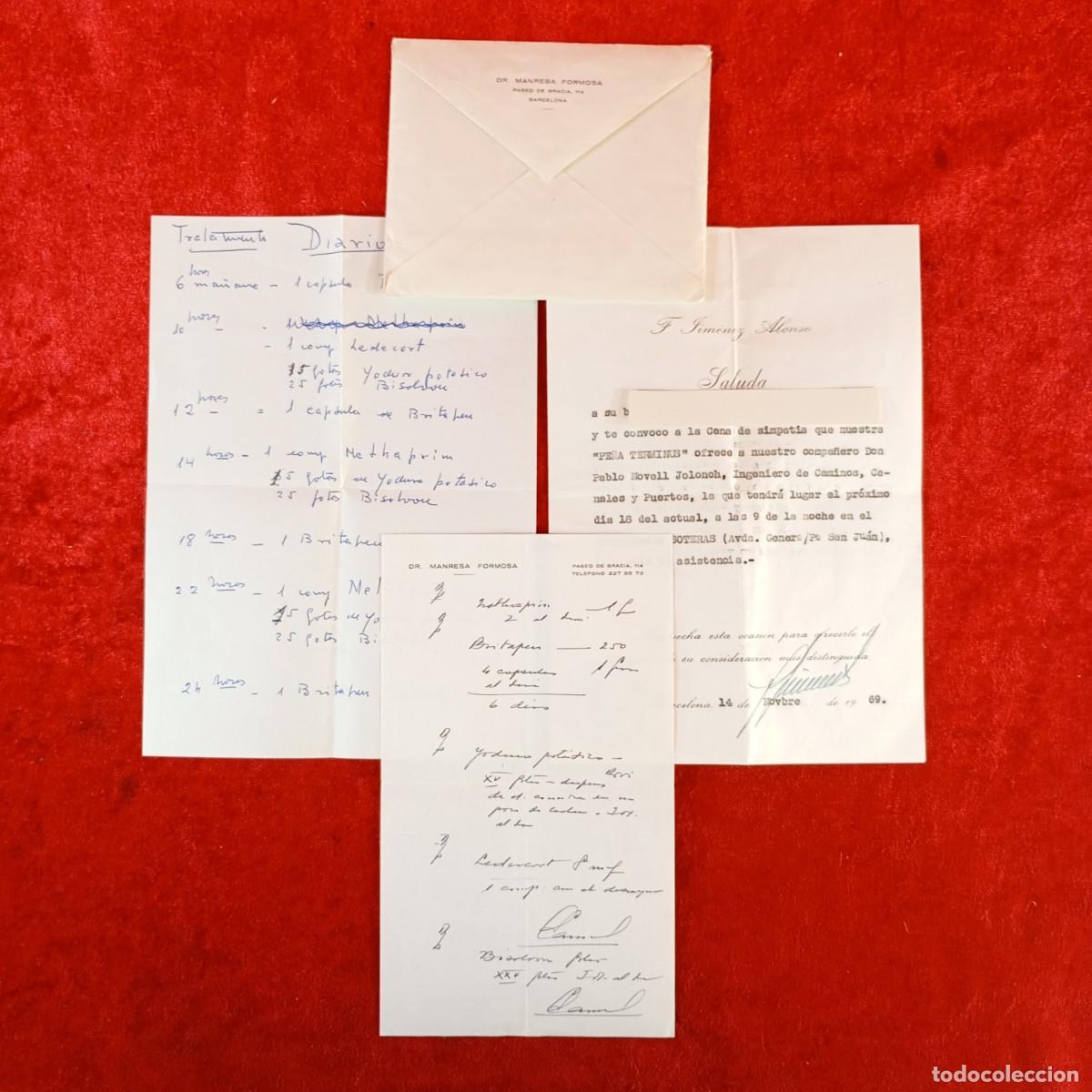 Documentos antiguos: CARTA DRL DR. MANRESA FORMOSA DE PASEO DE GRACIA + INVITACI&Oacute;N CENA PE&Ntilde;A TERMINUS BARCELONA / 6329