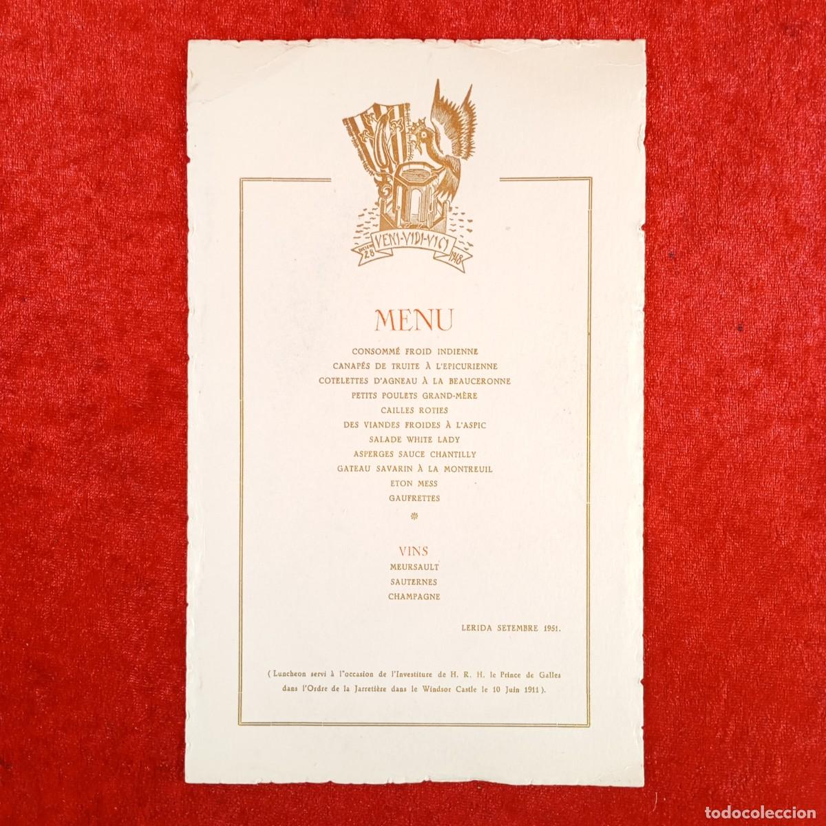 Documentos antiguos: GRAJOS - SECTA L&Eacute;RIDA - MENU - LERIDA - SETEMBRE 1951 - VENI VIDI VICI - RAR&Iacute;SIMO MEN&Uacute; COMIDA / 6332