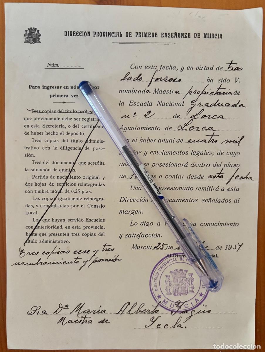 Documenti antichi: GUERRA CIVIL- TRASLADO FORZOSO MAESTRA- YECLA- LORCA- MURCIA- 1937
