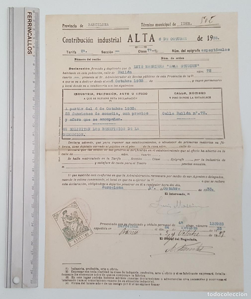 Documentos antiguos: ALTA CONTRIBUCI&Oacute;N INDUSTRIAL ESPECT&Aacute;CULOS 1935, SALA STUDIUM, BAILEN 72 BARCELONA, LUIS MASRIERA