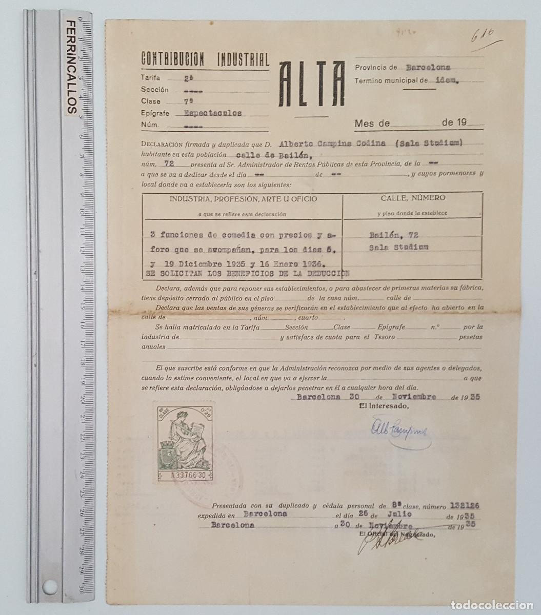 Documentos antiguos: ALTA CONTRIBUCI&Oacute;N INDUSTRIAL ESPECT&Aacute;CULOS 1935-36 ,SALA STUDIUM, BAILEN 72 BARCELONA,ALBERTO CAMPINS
