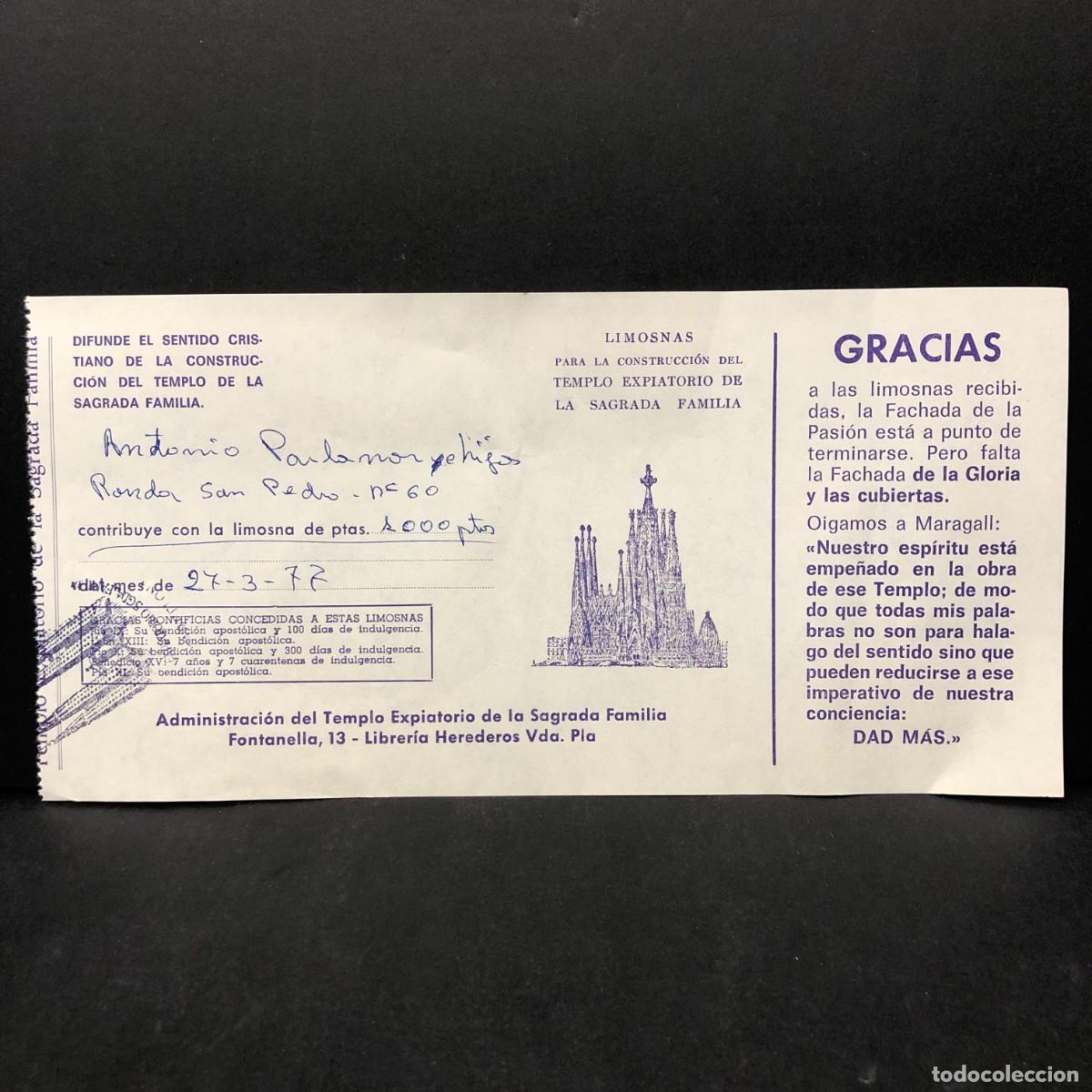 Documentos antiguos: LIMOSNAS PARA LA CONSTRUCCION DEL TEMPLO EXPIATORIO DE LA SAGRADA FAM&Iacute;LIA - GAUD&Iacute; - RAR&Iacute;SIMO / 5300