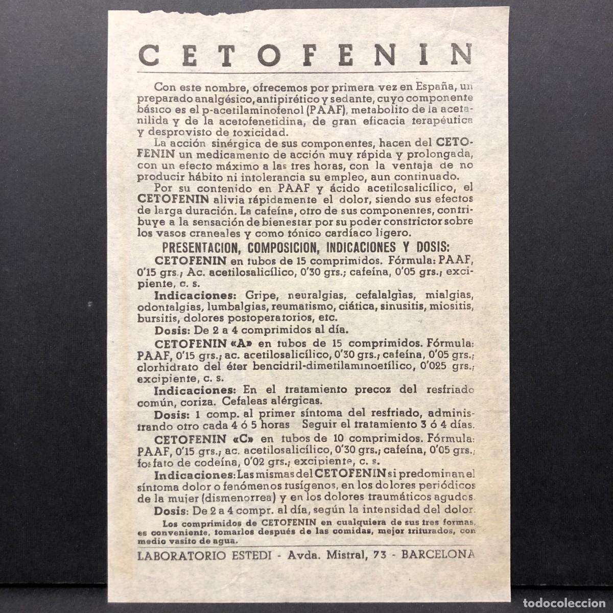 Documentos antiguos: CETOFENIN - LABORATORIO ESTEDI - BARCELONA - PROSPECTO MEDICAMENTO - RAR&Iacute;SIMO / 5316