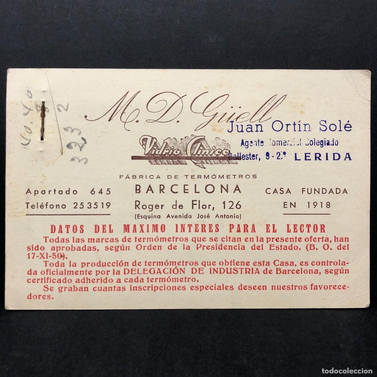 Documentos antiguos: M. D. G&Uuml;ELL - VIDRIO CLINICO - F&Aacute;BRICA DE TERM&Oacute;METROS BARCELONA 1918 - JUAN ORT&Iacute;N SOL&Eacute; L&Eacute;RIDA / 5317