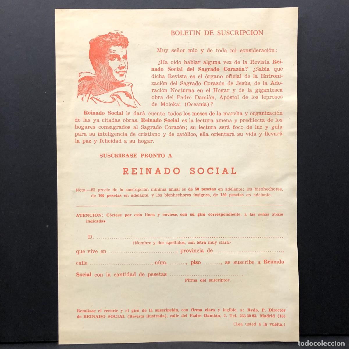 Documentos antiguos: BOLETIN DE SUSCRIPCION - REINADO SOCIAL DEL SAGRADO CORAZ&Oacute;N - REVISTA - RAR&Iacute;SIMO DOCUMENTO / 5347
