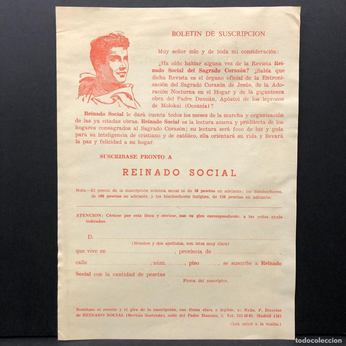 Documentos antiguos: BOLETIN DE SUSCRIPCION - REINADO SOCIAL DEL SAGRADO CORAZ&Oacute;N - REVISTA - RAR&Iacute;SIMO DOCUMENTO / 5348
