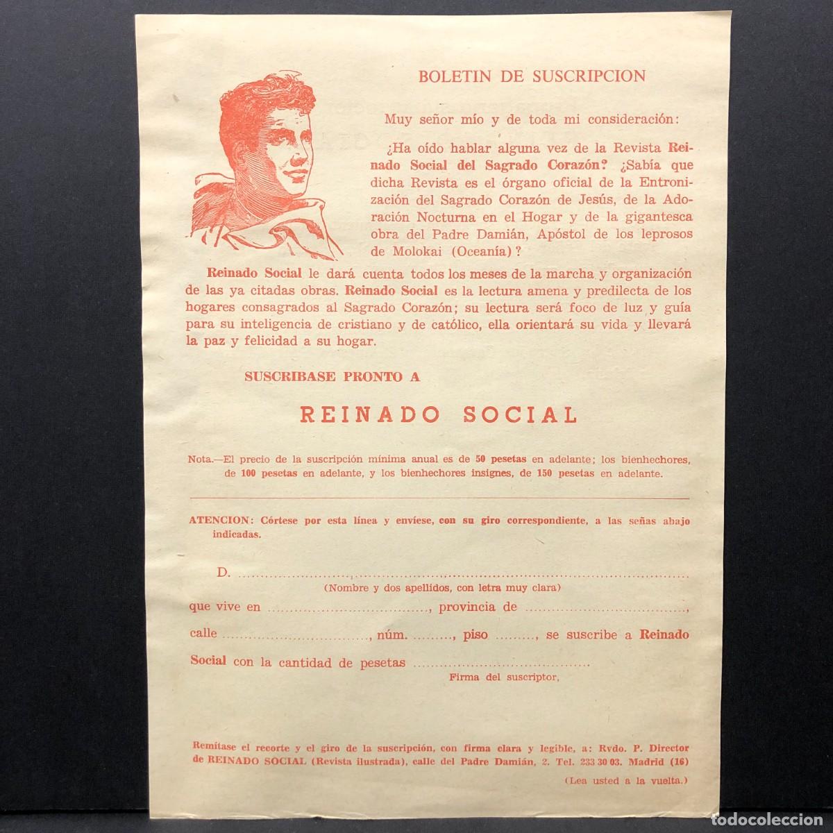Documentos antiguos: BOLETIN DE SUSCRIPCION - REINADO SOCIAL DEL SAGRADO CORAZ&Oacute;N - REVISTA - RAR&Iacute;SIMO DOCUMENTO / 5349